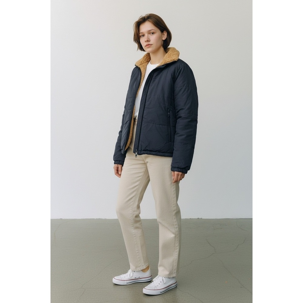 Love Tree Reversible Sherpa Puffer Jacket Navy Blue Tan Womens Small Full Zip